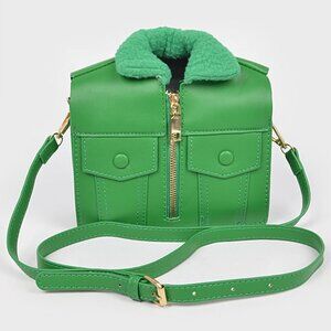 Jacket Shaped Crossbody Bag/ Faux Fur & Leather Coat Purse - Green - NWT